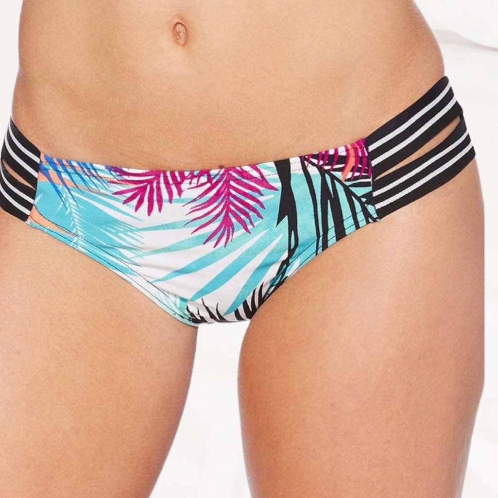 Jag Swimwear Tropical-Print Strappy Stripes Bikini Bottoms